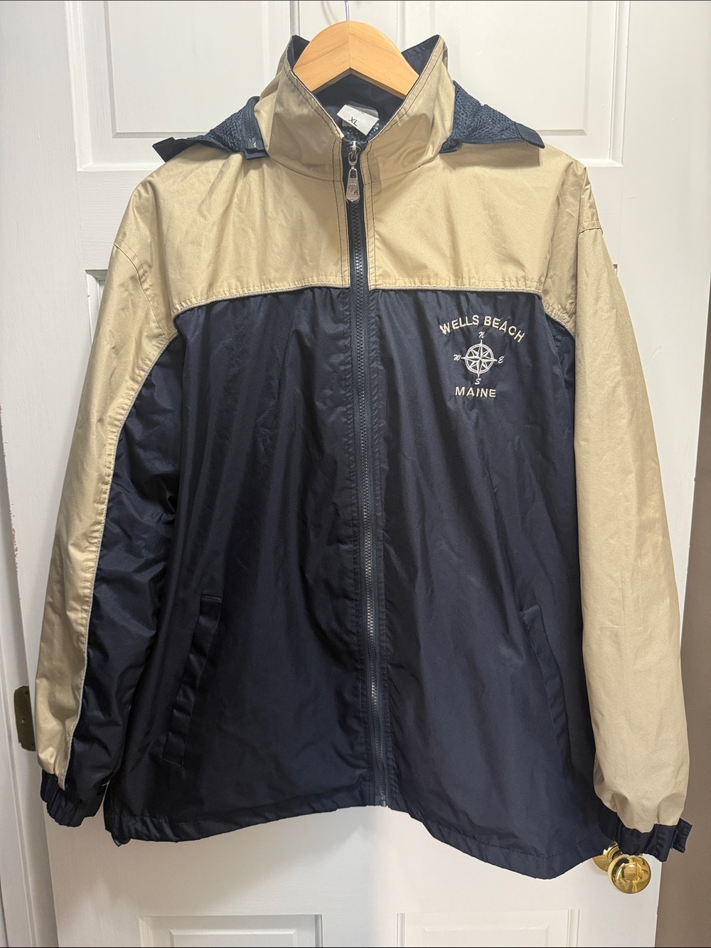 Wells Beach Maine tan and blue lightweight jacket